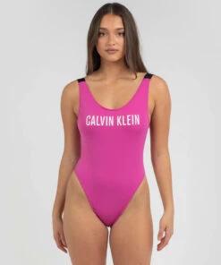 Budget ⌛ Calvin Klein Intense Power Scoop Back One Piece 🩱 Swimsuit Stunning Orchid 🔔