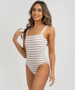 Brand new 🧨 Topanga Hampton Stripe Rib One Piece 🩱 Swimsuit White/sand 💯