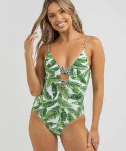 Promo 🔥 Kaiami Bermuda Palms One Piece 🩱 Swimsuit White/green 🌟