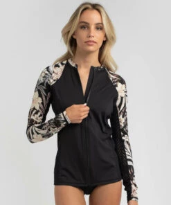 Budget 👍 Hurley Hawaiiana Long Sleeve Rash Vest Black Floral 💯
