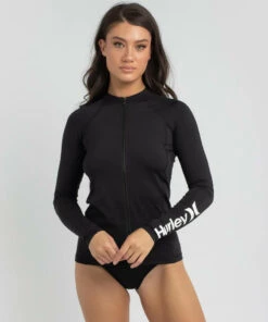 New 💯 Hurley One And Only Zip Long Sleeve Rash Vest Black 🔥