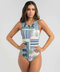 Flash Sale 🤩 Quiksilver Classic High Neck One Piece 🩱 Swimsuit Orchid Collage 🔔