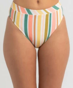 Promo โจ Roxy Beach Classics Mid Waist ๐ Bikini Bottom Bright White Aloha Stripe โจ