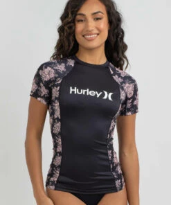 Top 10 🥰 Hurley Fleur Short Sleeve Rash Vest Light Teal 🔥