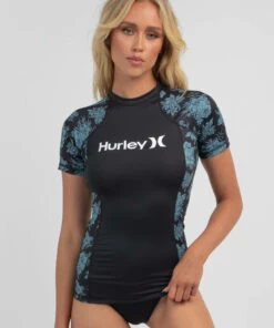 Budget 🎉 Hurley Fleur Short Sleeve Rash Vest Light Baked Apple 🥰