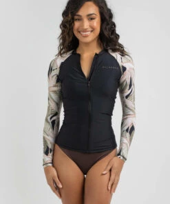 Outlet 👍 Billabong Hideaway Long Sleeve Zip Through Rash Vest Black ✔️
