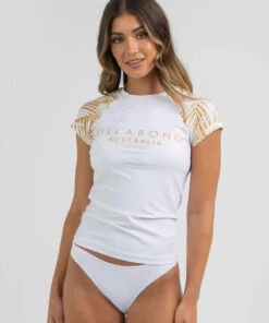 New 👏 Billabong Peeking Palms Short Sleeve Rash Vest White ✔️