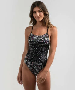 Flash Sale โ Roxy Roxy Fitness Fashion One Piece ๐ฉฑ Swimsuit Anthracite Flower Line Patchwo ๐งจ