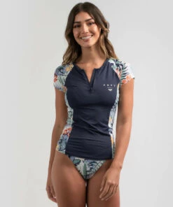 Promo 😉 Roxy PT Beach Cap Sleeve Rash Vest Bright White Soul Flower 🥰