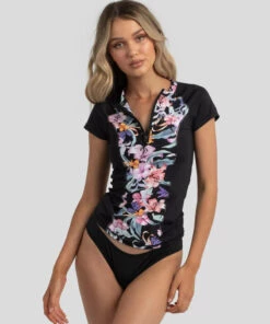 Outlet 🔥 Billabong Snowflakes Cap Sleeve Rash Vest Black 🎉